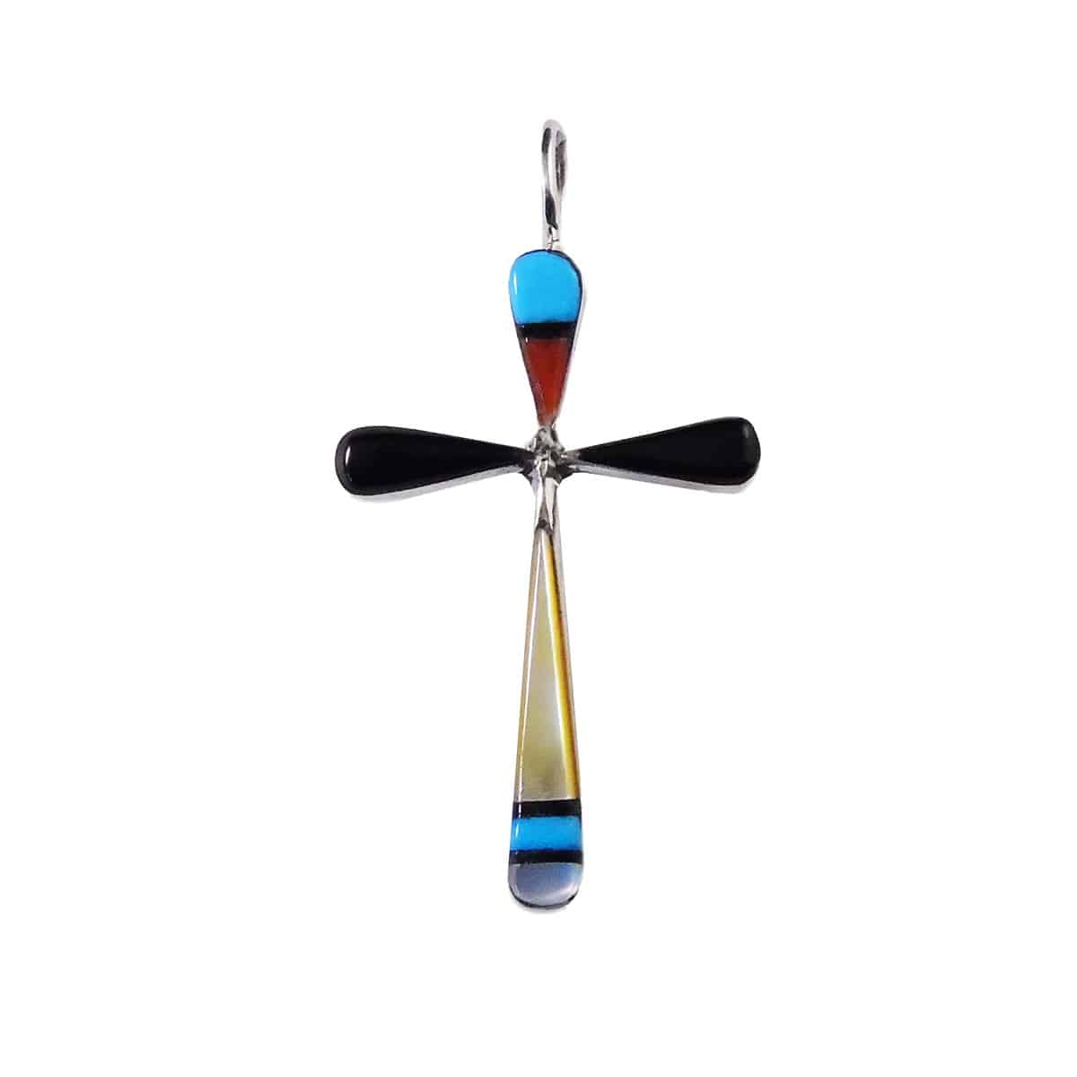 Zuni Handmade Cross Pendant - Sterling Silver & Gem Inlay