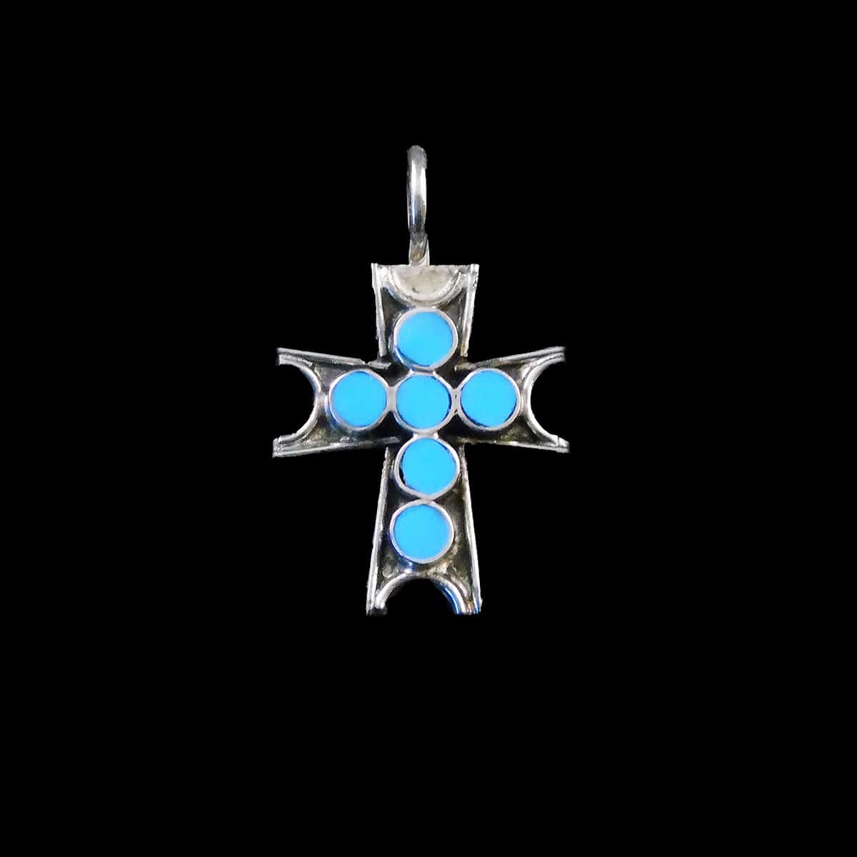 Zuni Sterling Silver Cross Pendant with 6 Turquoise Stones