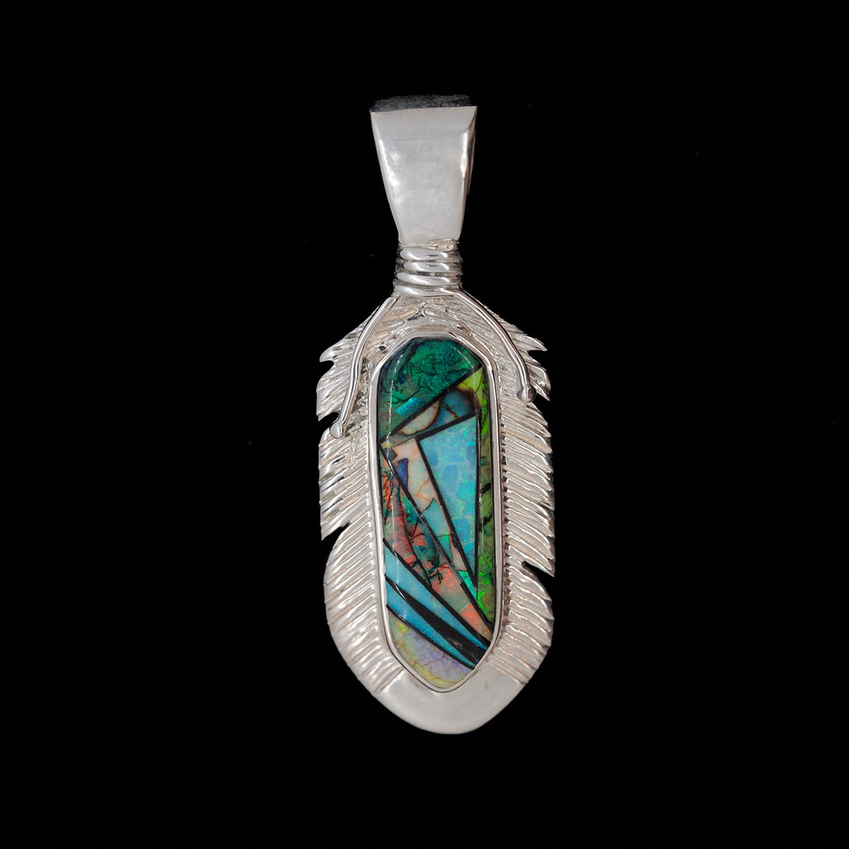 Calvin Begay Opal Inlay Feather Sterling Silver Pendant