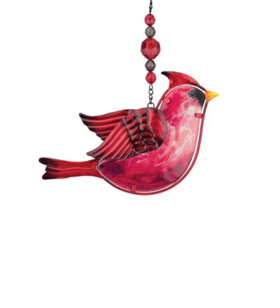 Cardinal stained glass sun catcher with red bird, faceted beads and antique copper finish