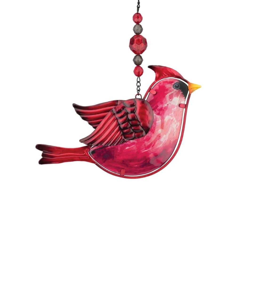 Cardinal stained glass sun catcher with red bird, faceted beads and antique copper finish