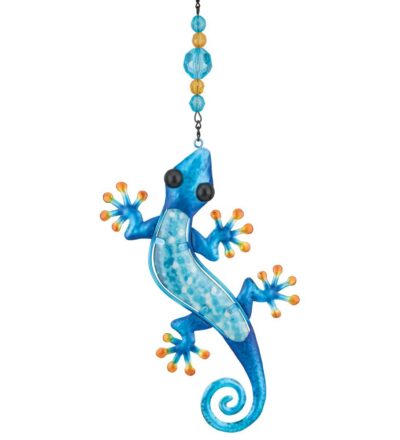 Decorative metal and glass gecko ornament featuring vibrant blue metallic limbs, orange toe accents, and a textured light-blue translucent glass core hanging below a beaded chain.