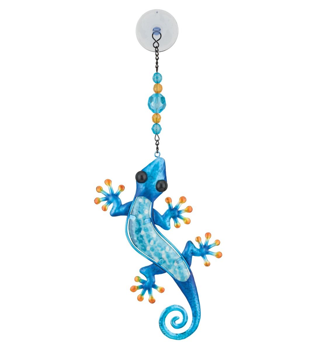 Decorative metal and glass gecko ornament featuring vibrant blue metallic limbs, orange toe accents, and a textured light-blue translucent glass core hanging below a beaded chain.