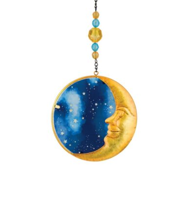 Circular glass and metal sun catcher featuring a golden smiling crescent moon alongside a starry blue sky, suspended by a beaded hanging chain and window suction cup.