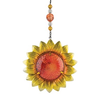 Sunflower decorative sun catcher showing structured metallic golden-yellow petals around a circular orange-red glass core, hanging from a beaded chain and window suction cup.
