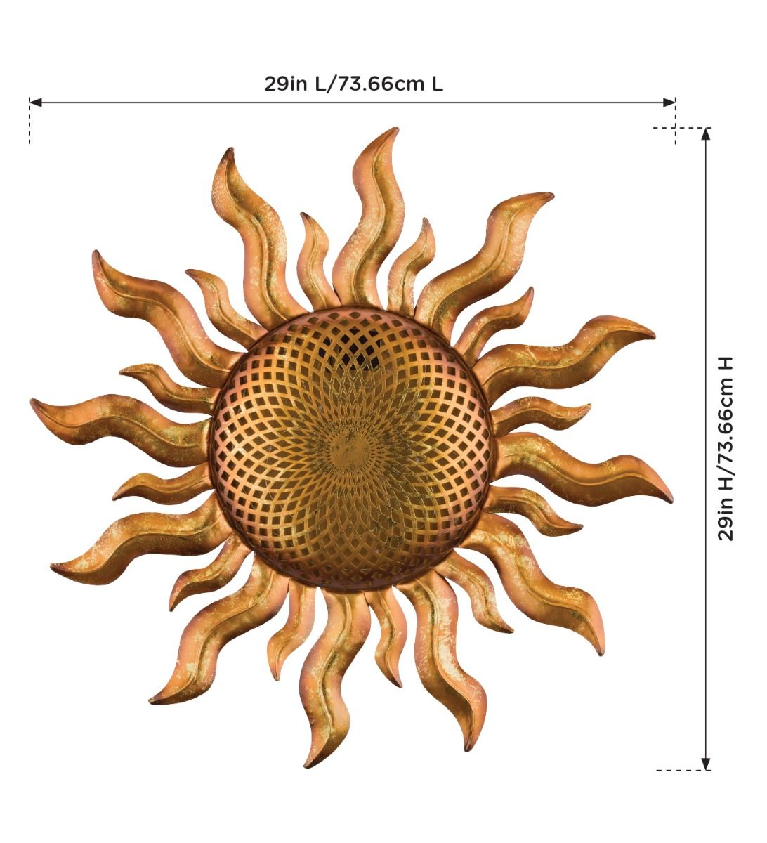 Copper sunburst metal wall sculpture with wavy rays and lattice center; 29in by 29in.