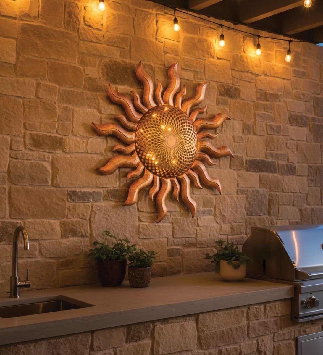 Sun-shaped metal wall art mounted on a stone backsplash above an outdoor counter with a sink and grill, lit by warm string lights.