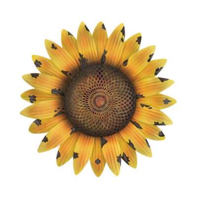 Vibrant outdoor Solar Sunflower metal wall decor with layers of yellow petals and an intricate dark bronze geometric lattice core.