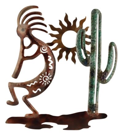 Metal wall sculpture showcasing a copper-colored Kokopelli figure with tribal cutouts next to a green speckled saguaro cactus and a bronzed sun silhouette.