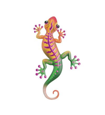 Regal Art 18 inch large Stripe Gecko metal wall decor in magenta, yellow, and green.