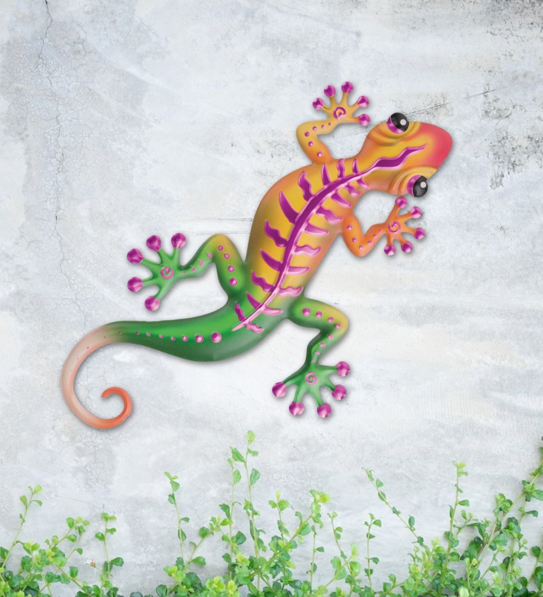 Regal Art 18 inch large Stripe Gecko metal wall decor in magenta, yellow, and green.