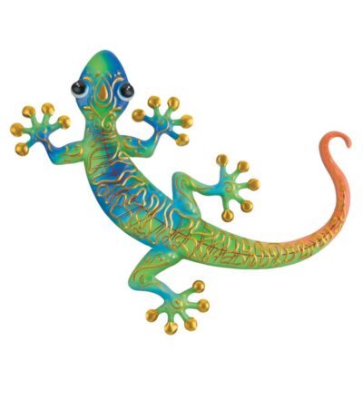 Regal Art Swirl Gecko 11 inch metal wall decor in vibrant blue, green, and gold accents.