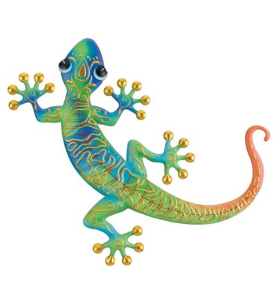Regal Art 16 inch large swirl gecko metal wall decor with blue, green, and gold accents.