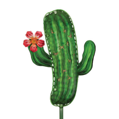 Detailed Saguaro cactus solar garden stake made of green metal and glass featuring a red flower blossom.