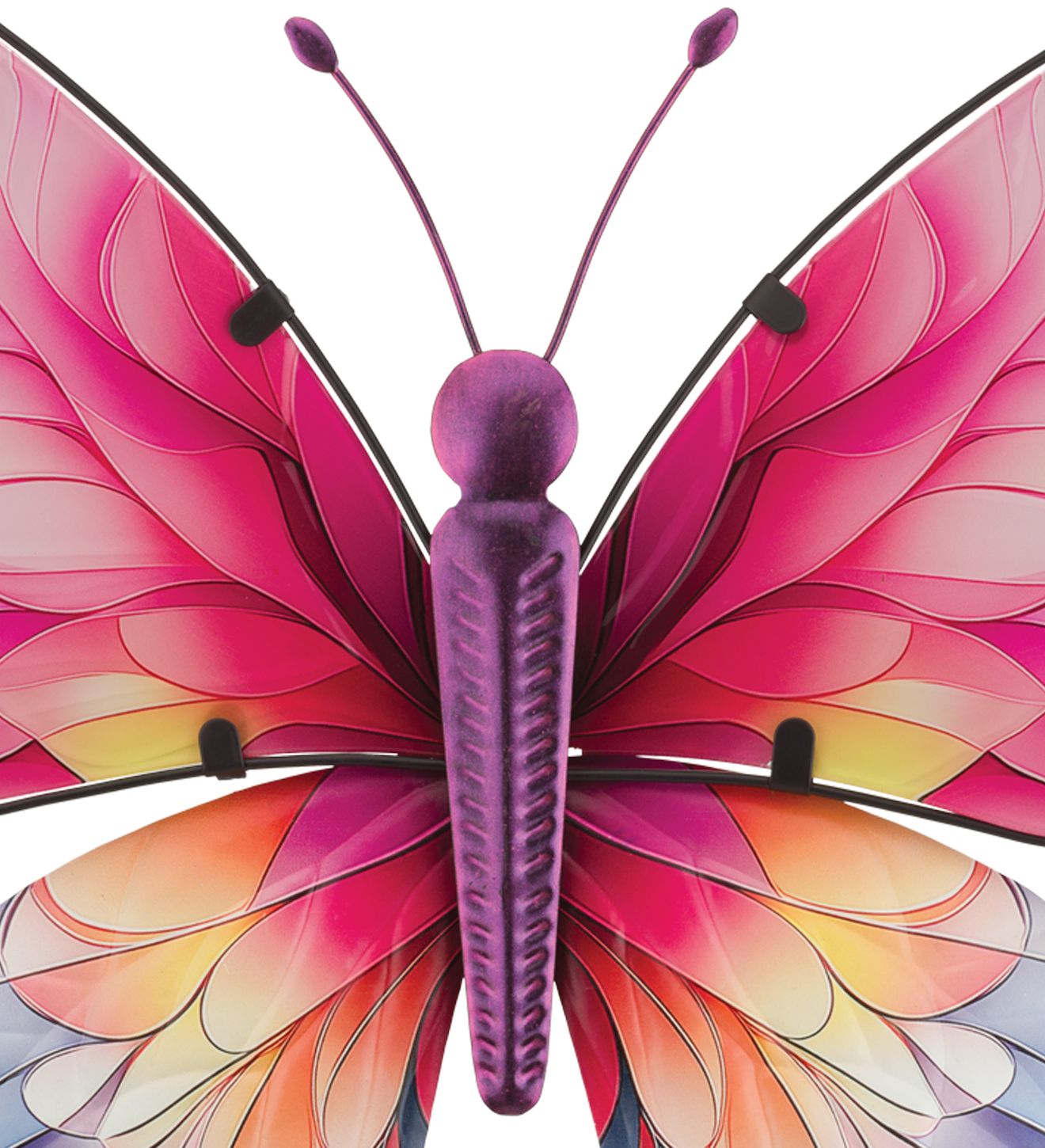 Regal Art 18 inch large Spectra Butterfly glass and metal wall decor with pink and blue wings.