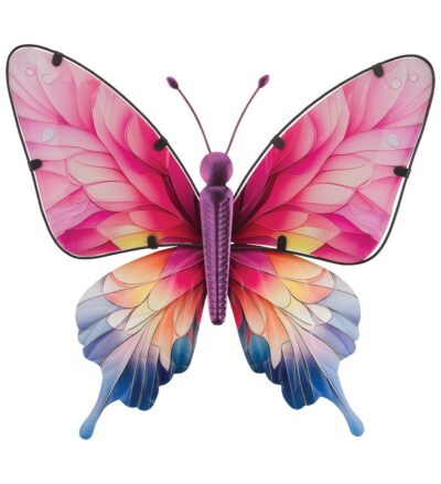 Regal Art 18 inch large Spectra Butterfly glass and metal wall decor with pink and blue wings.