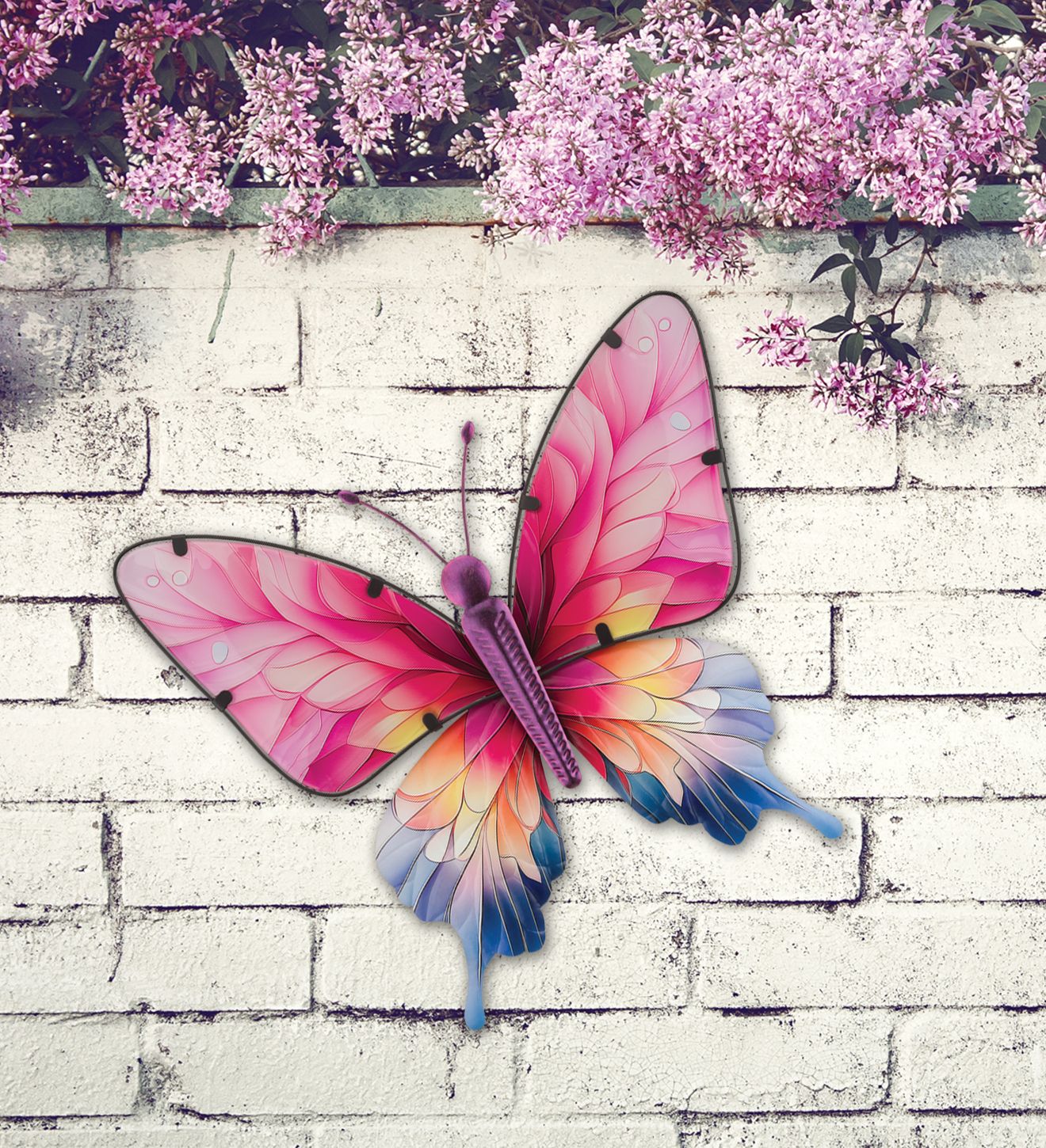 Regal Art 18 inch large Spectra Butterfly glass and metal wall decor with pink and blue wings.