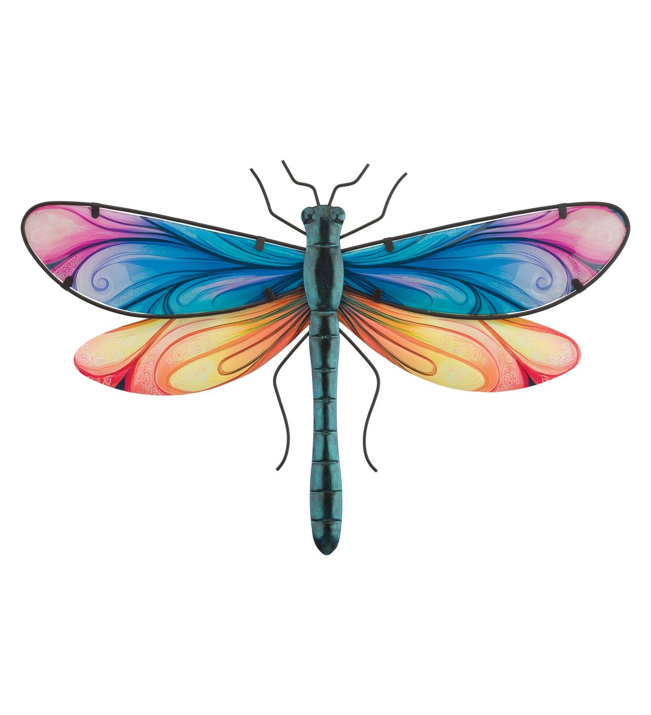 Regal Art 18 inch Spectra Dragonfly wall decor with colorful glass wings and metallic body.