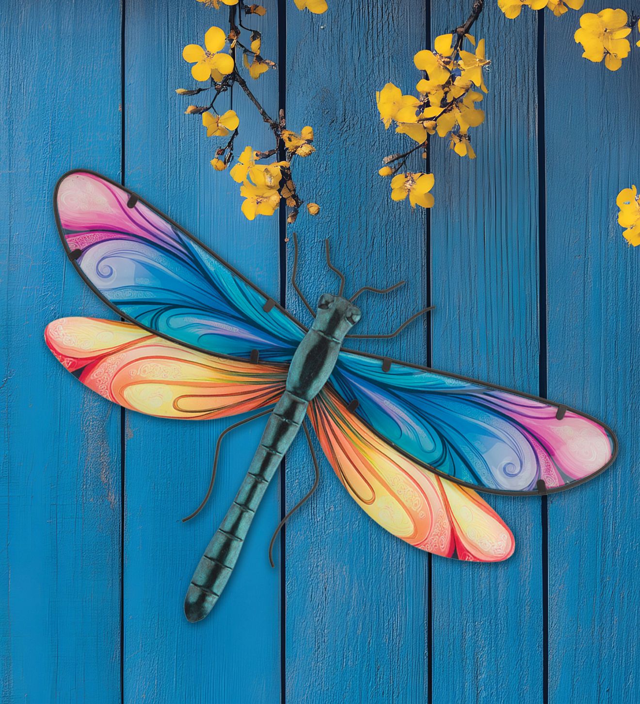 Regal Art 18 inch Spectra Dragonfly wall decor with colorful glass wings and metallic body.