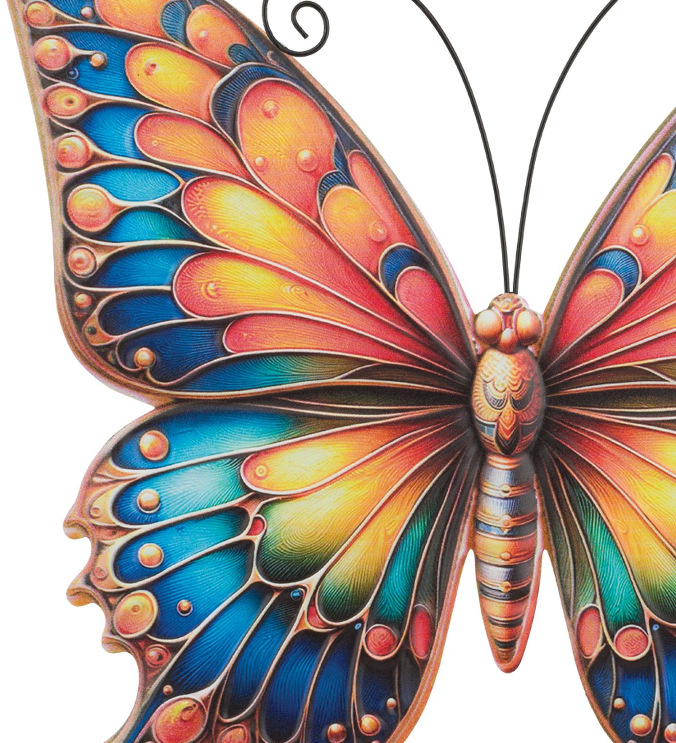Regal Art 20 inch large Sunrise Butterfly metal wall decor with yellow, orange, and blue printed wings.