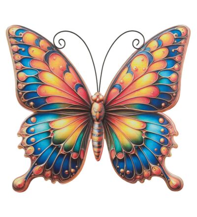 Regal Art 20 inch large Sunrise Butterfly metal wall decor with yellow, orange, and blue printed wings.