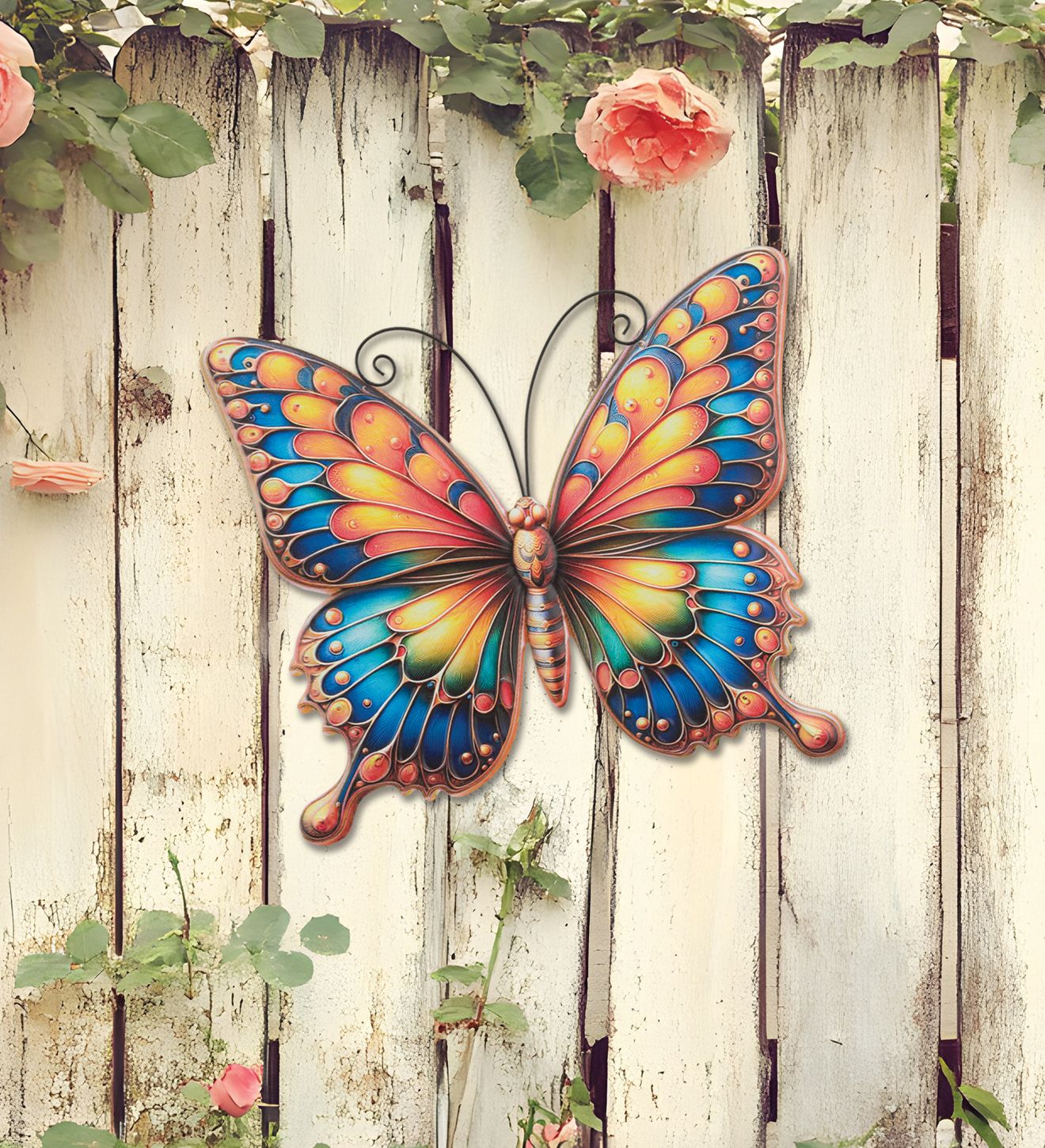 Regal Art 20 inch large Sunrise Butterfly metal wall decor with yellow, orange, and blue printed wings.