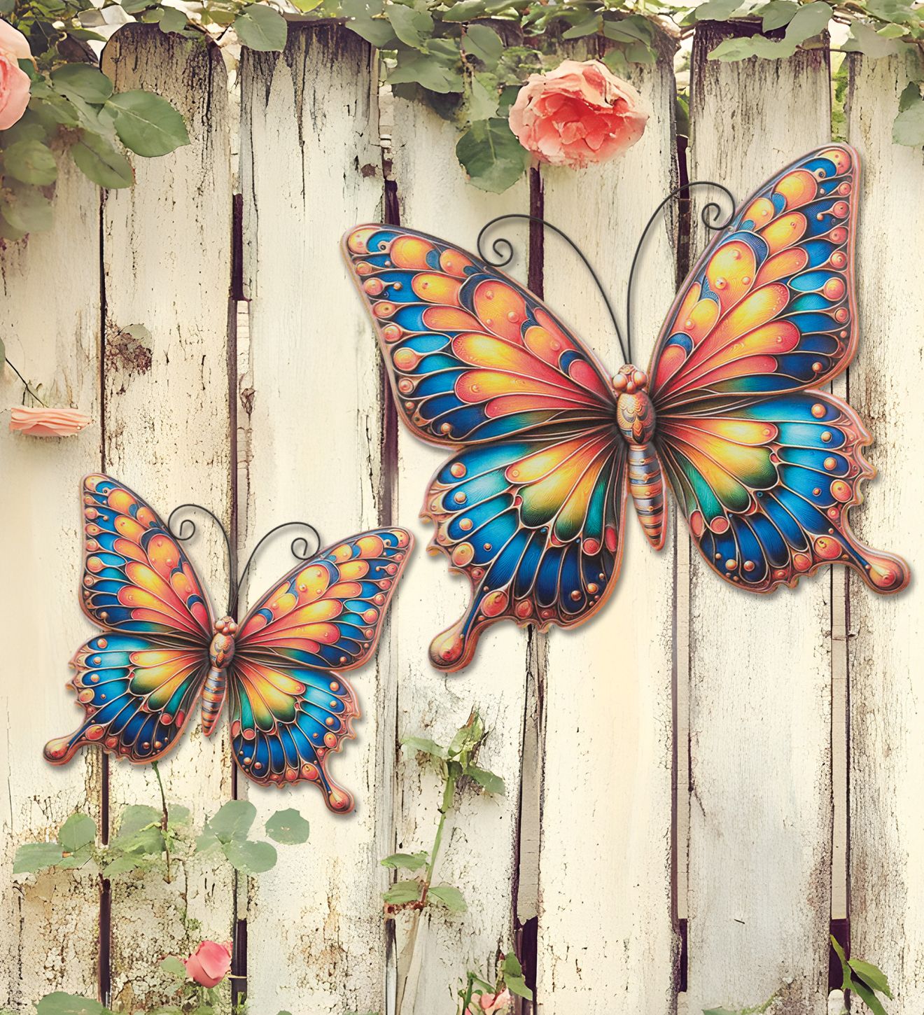 Regal Art 12 inch Sunrise Butterfly metal wall decor with yellow, orange, and blue printed wings.