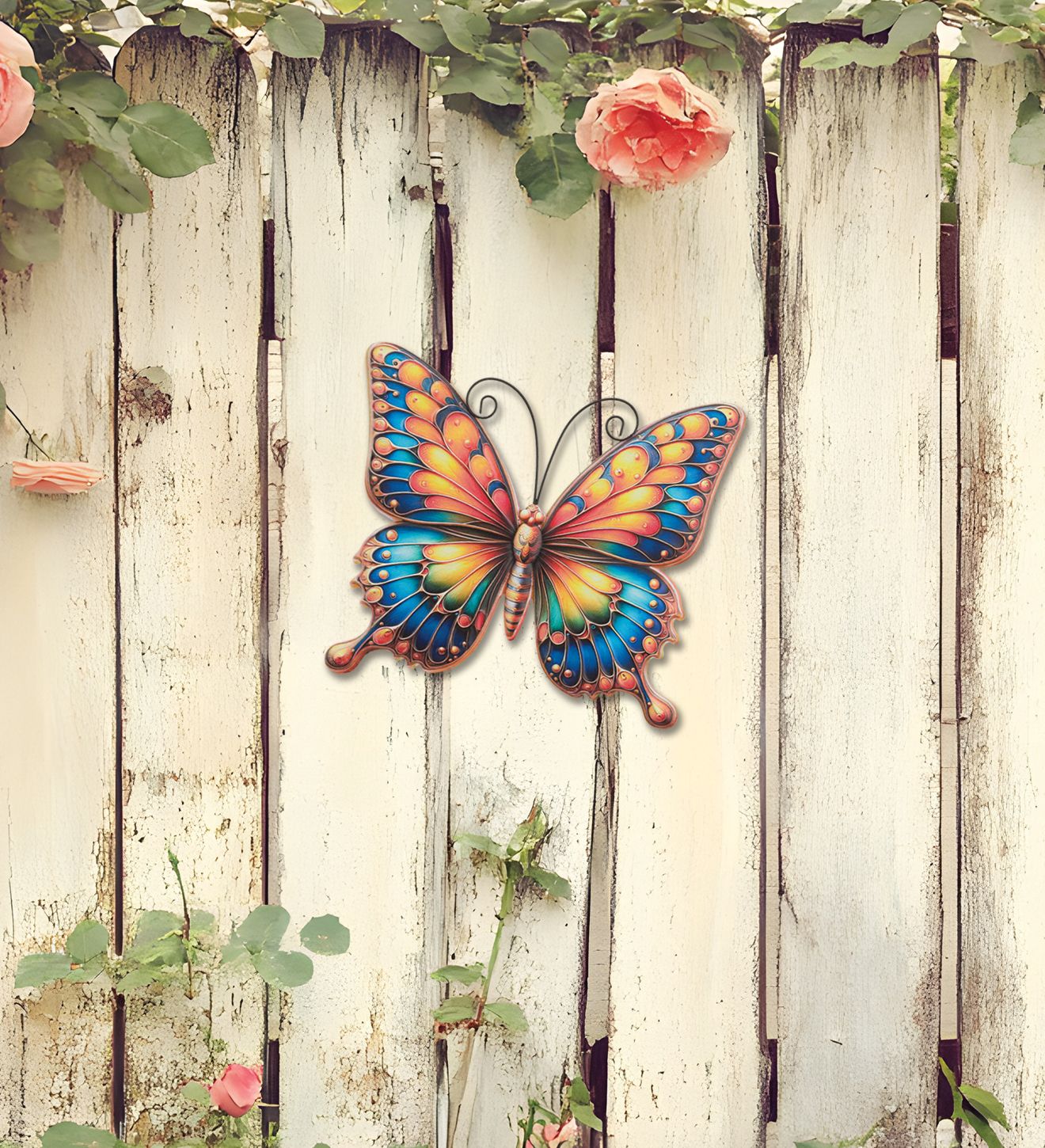 Regal Art 12 inch Sunrise Butterfly metal wall decor with yellow, orange, and blue printed wings.