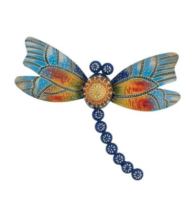 Colorful dragonfly decorative ornament with patterned blue wings and a beaded blue tail edge-to-edge.
