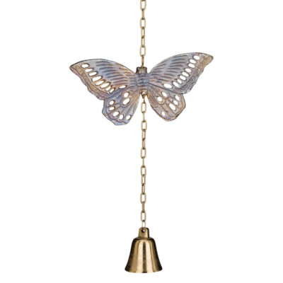 Detailed butterfly cast aluminum garden bell with an iridescent blue-purple finish hanging on a brass chain above a gold bell.