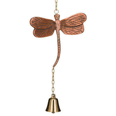 Detailed dragonfly cast aluminum garden bell with a textured bronze and copper patina finish hanging on a chain above a gold bell.