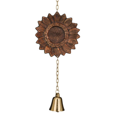 Detailed sunflower cast aluminum garden bell with a textured deep bronze and copper patina finish hanging on a chain above a gold bell.