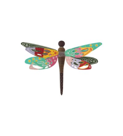 Colorful decorative dragonfly illustration with patterned wings on a white background.