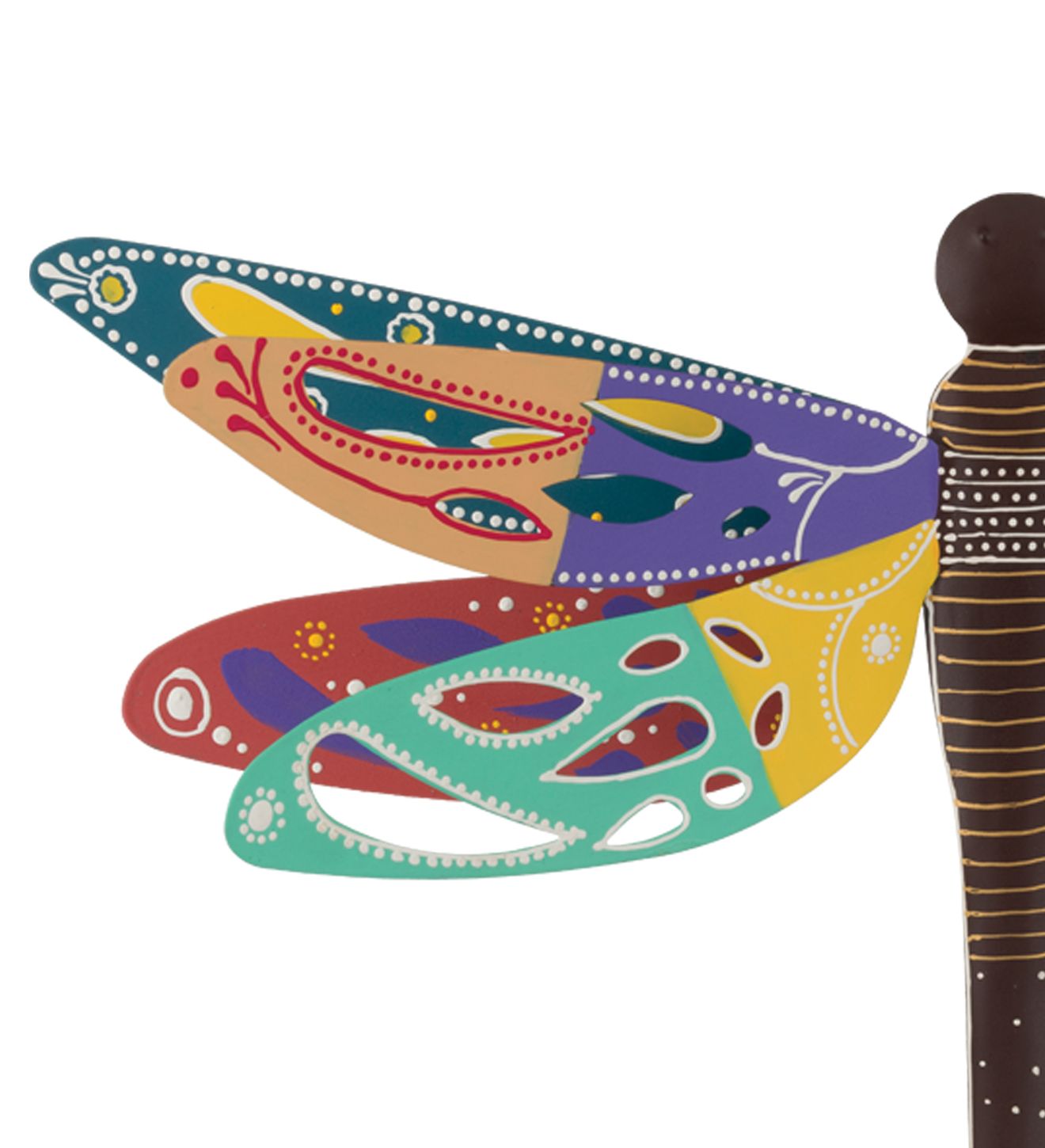 Colorful, stylized wings attached to a carved wooden pole, in teal, purple, red, and yellow.