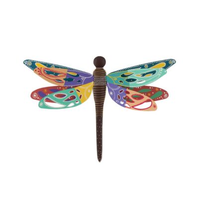 Colorful stylized dragonfly with patterned wings on a white background, decorative artwork
