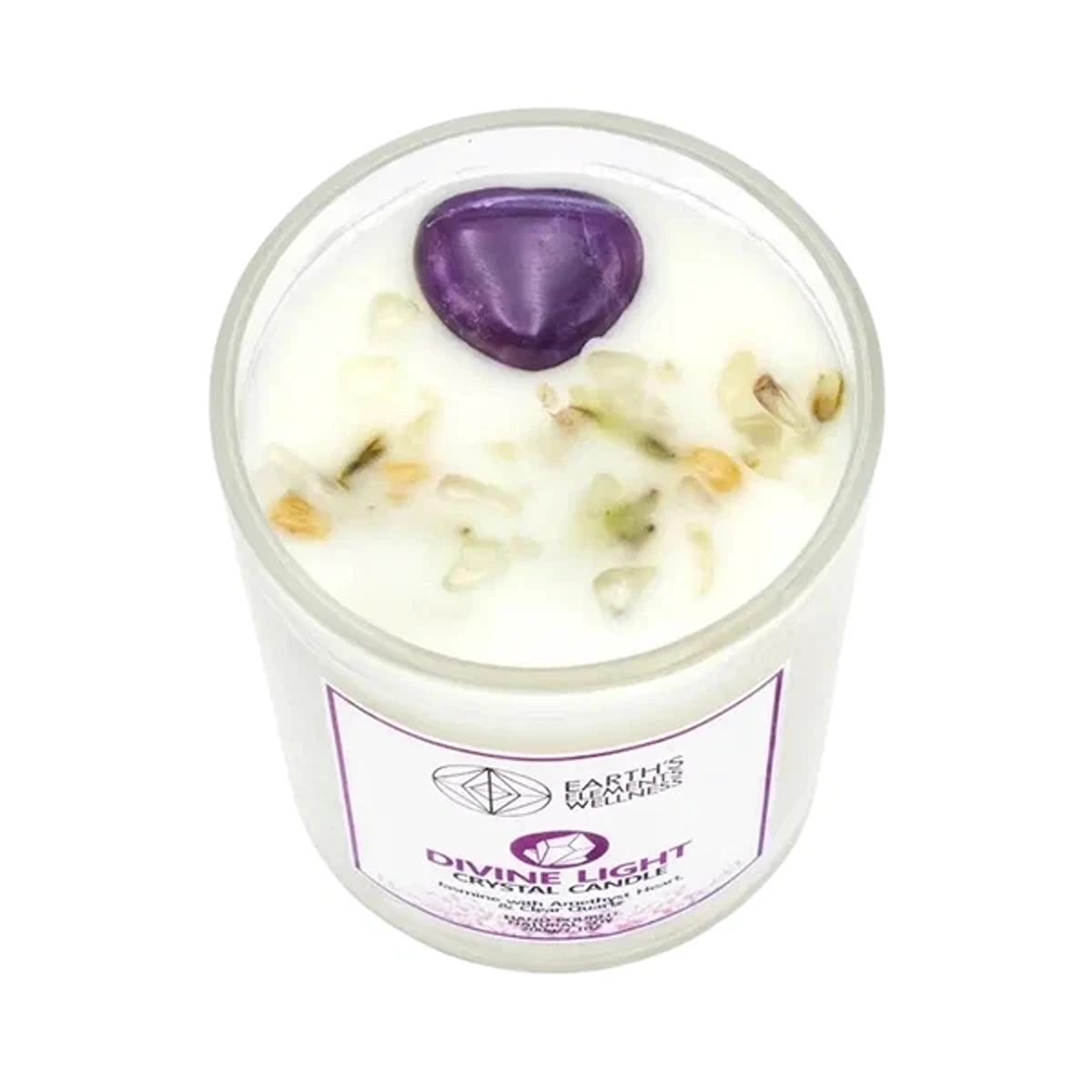 White candle in a glass jar with a purple crystal on top and dried petals, labeled Divine Light Crystal Candle.
