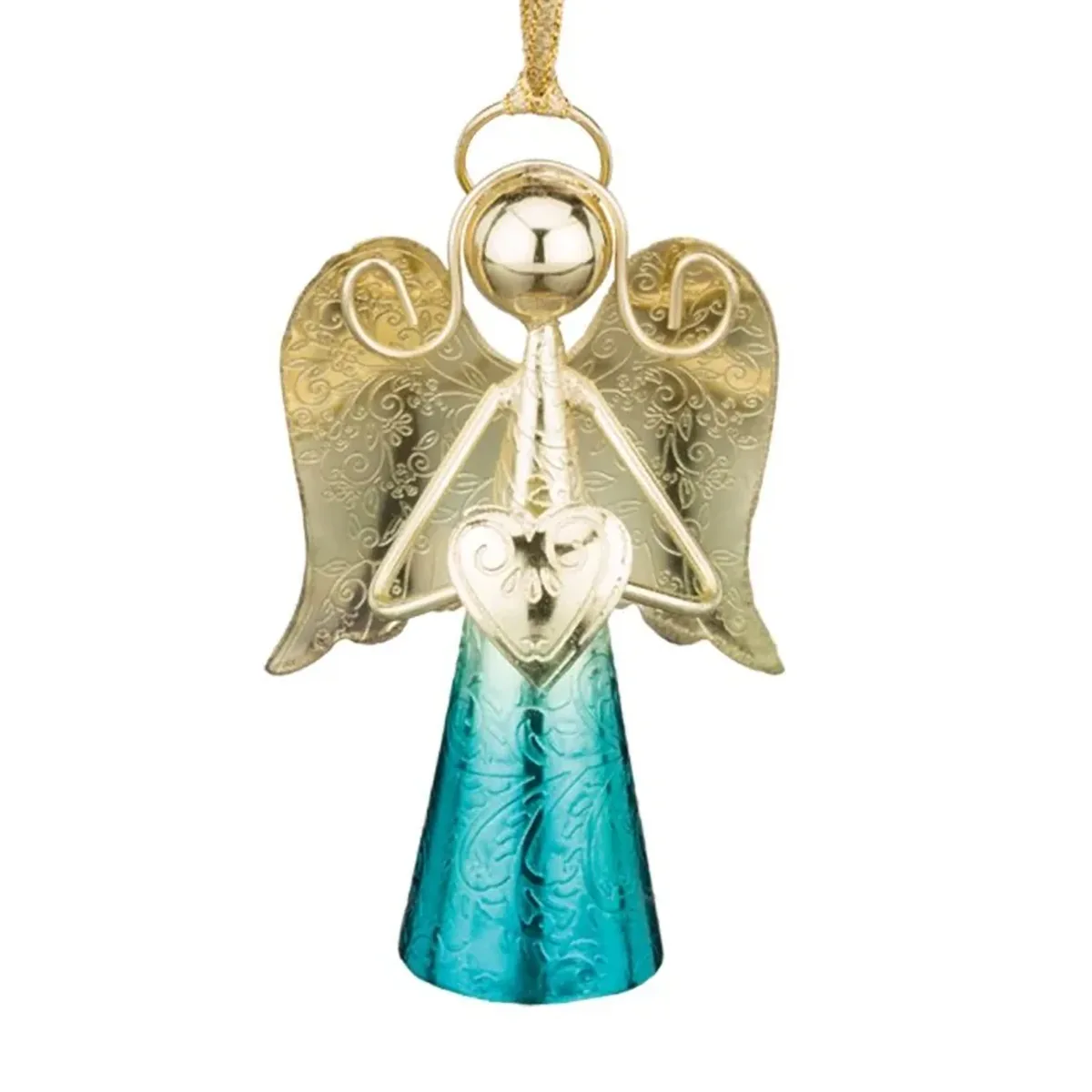 Regal Sedona 4 inch Blue Gold Stainless Steel Angel Bell Decor with metallic blue skirt, gold wings, and internal bell chime.