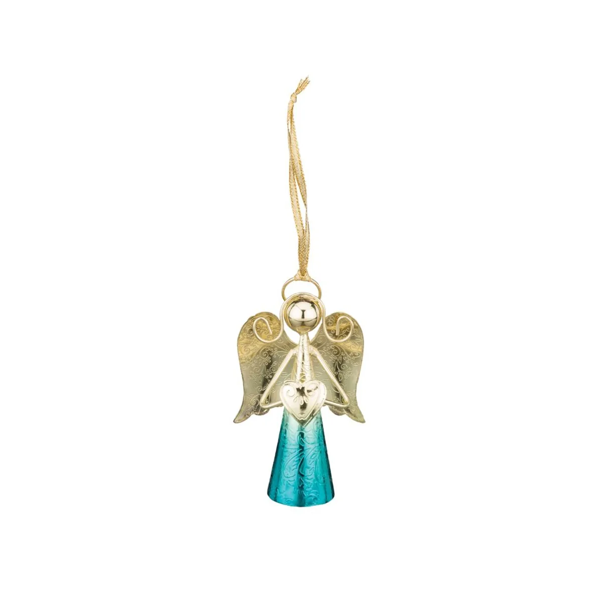 Regal Sedona 4 inch Blue Gold Stainless Steel Angel Bell Decor with metallic blue skirt, gold wings, and internal bell chime.