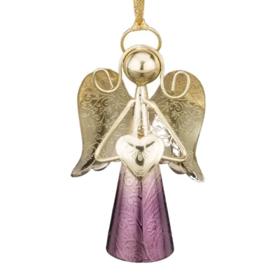 Regal Sedona 4 inch Purple Gold Stainless Steel Angel Bell Decor with metallic purple skirt, gold wings, and internal bell chime.