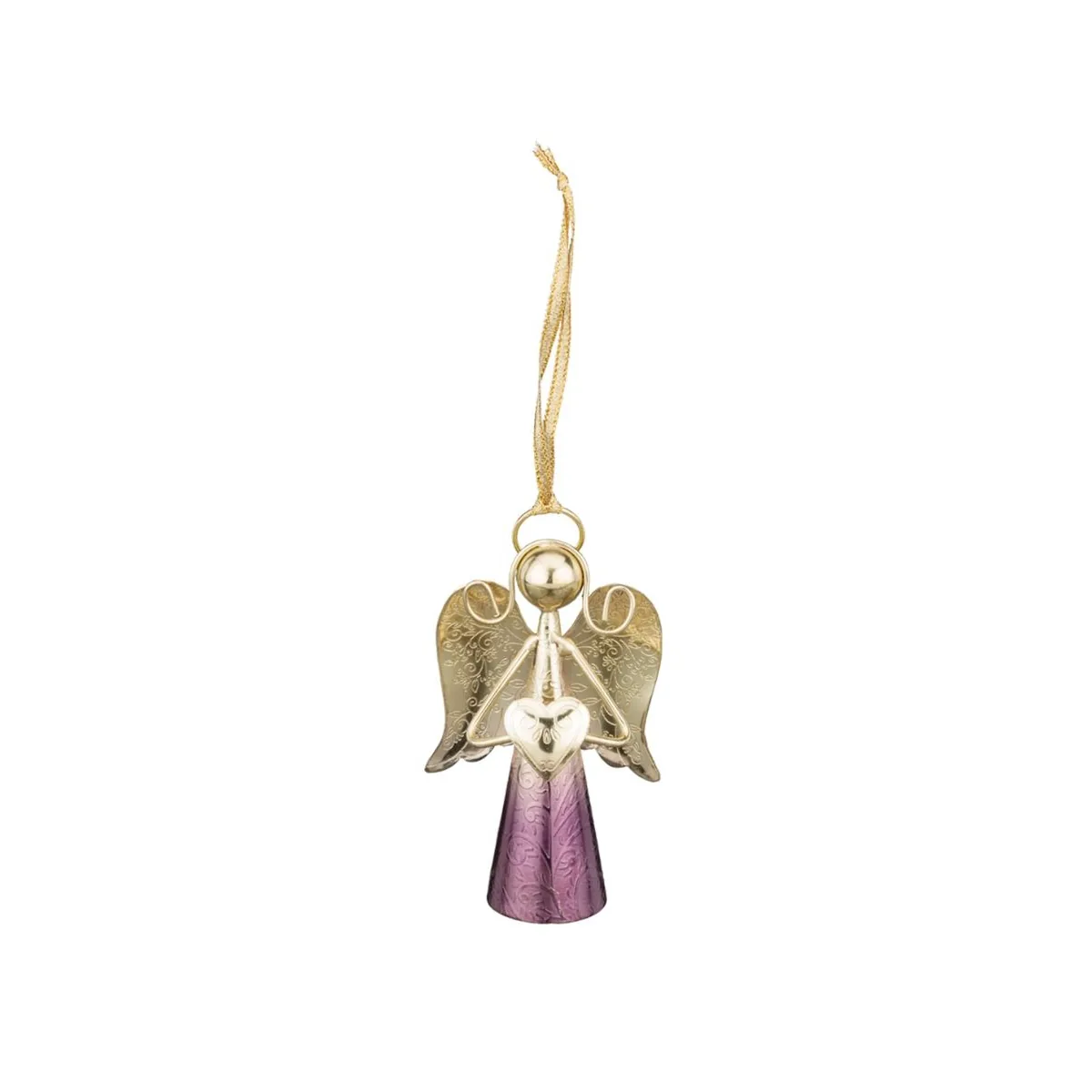 Regal Sedona 4 inch Purple Gold Stainless Steel Angel Bell Decor with metallic purple skirt, gold wings, and internal bell chime.