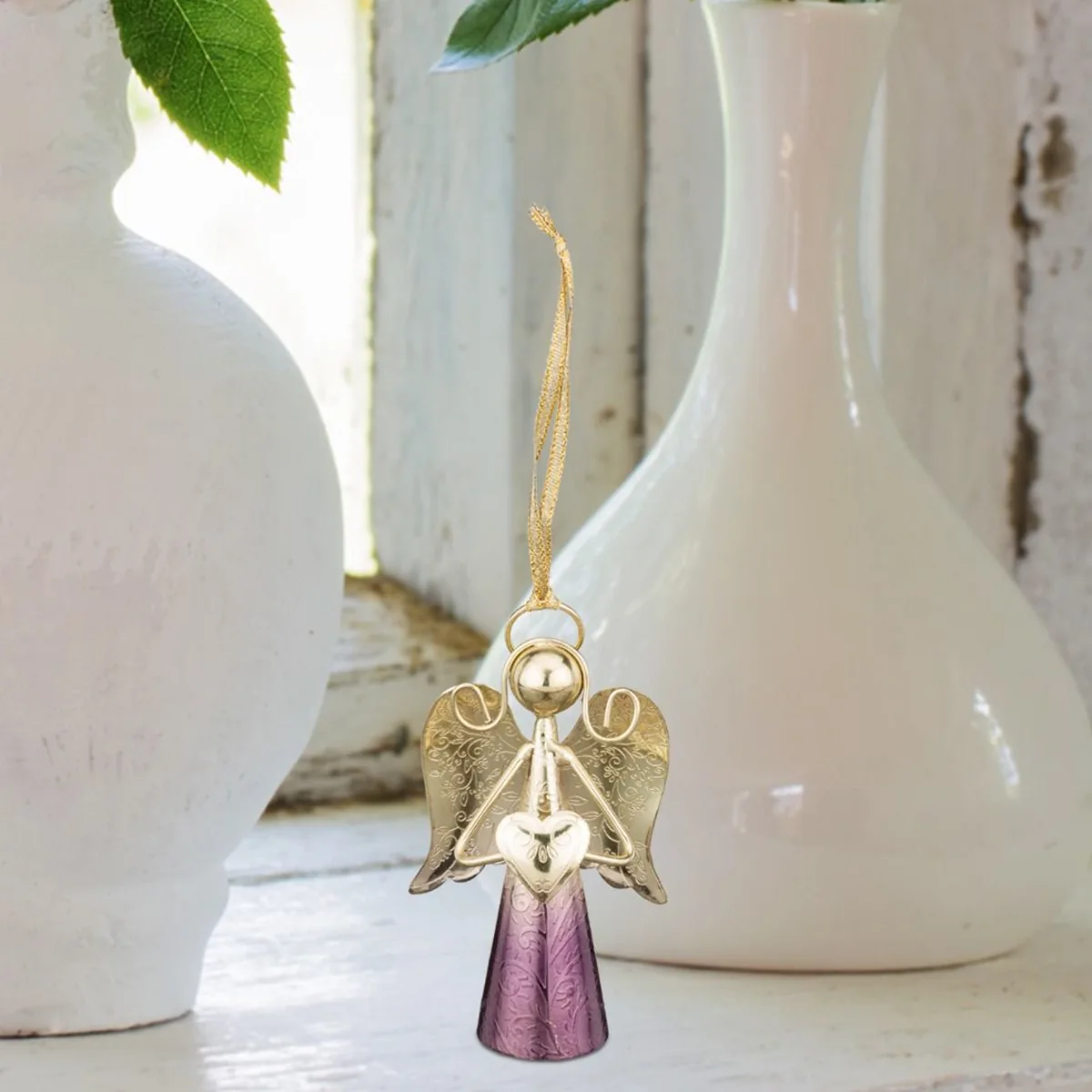 Regal Sedona 4 inch Purple Gold Stainless Steel Angel Bell Decor with metallic purple skirt, gold wings, and internal bell chime.