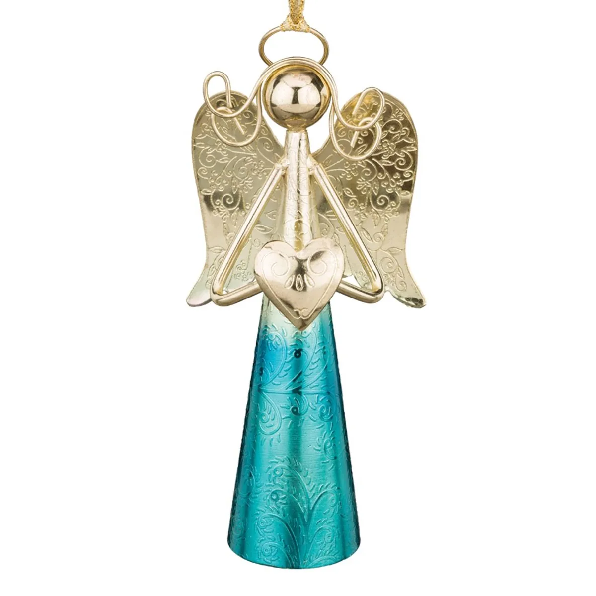 Regal Sedona 6 inch Blue Gold Stainless Steel Angel Bell Decor with metallic blue skirt, gold wings, and internal bell chime.