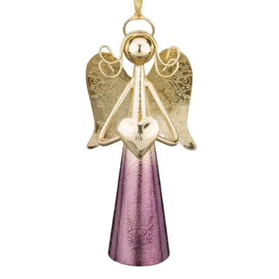 Regal Sedona 6 inch Purple Gold Stainless Steel Angel Bell Decor with metallic purple skirt, gold wings, and internal bell chime.