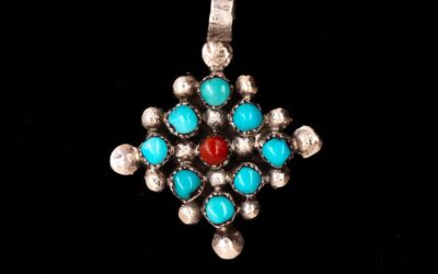 Authentic Zuni Petit Point Turquoise Coral Sterling Pendant