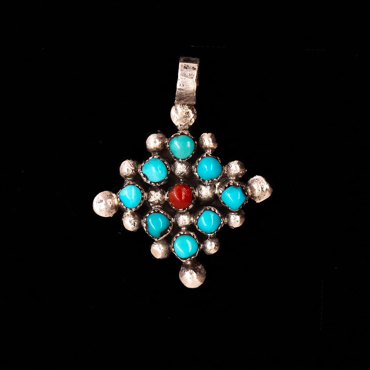 Authentic Zuni Petit Point Turquoise Coral Sterling Pendant