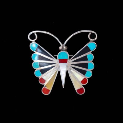 Zuni Butterfly Pendant with Turquoise & Coral Inlay