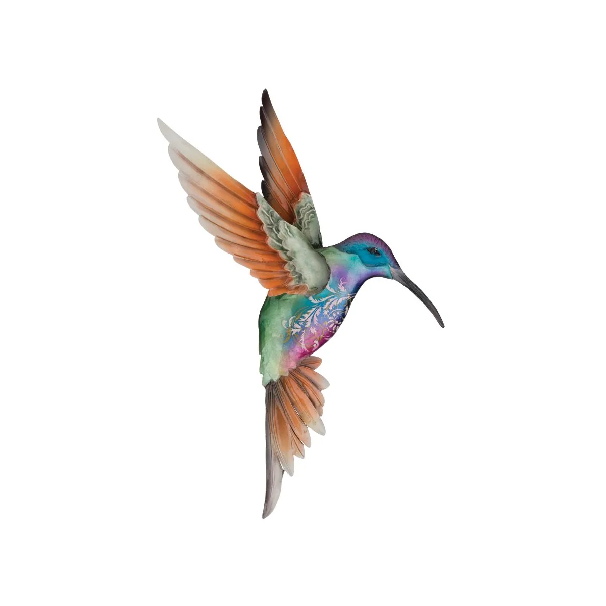 Regal Sedona Small Coronet Jewel Hummingbird metal wall decor with peach capiz shell wings and turquoise-violet head.