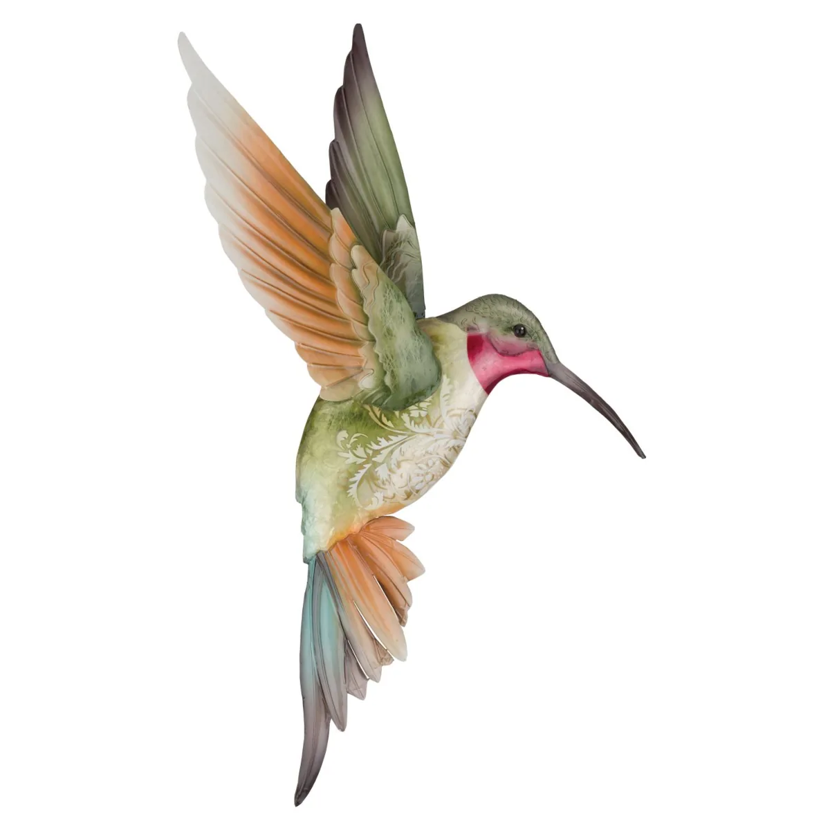Regal Sedona Large Ruby Jewel Hummingbird metal wall decor with ruby throat, green back, and peach capiz shell wings.