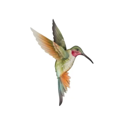 Regal Sedona Small Ruby Jewel Hummingbird metal wall decor with ruby throat, green back, and peach capiz shell wings.